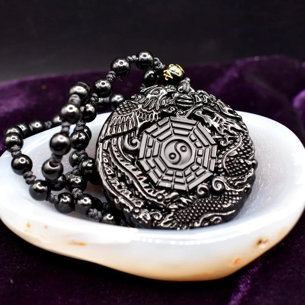 Hand Carved Natural Black Obsidian Dragon, Phoenix Talisman